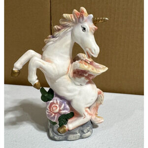 Rearing Unicorn Figurine Statue Multicolor Pastel Sparkly Wings Glitter Flower